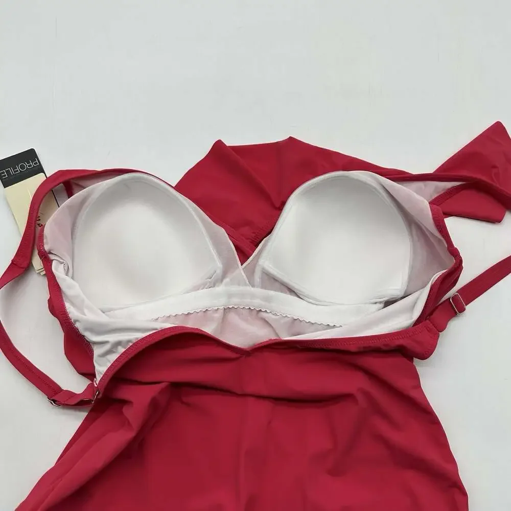 Profile by Gottex Tutti Frutti Size 14 Red Rose V-Neck Ruffle One Piece Swimsuit